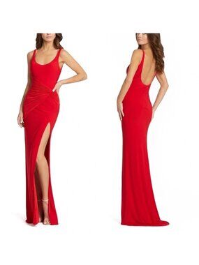 Ieena Mac Duggal Red Scoop Neck Ruched Jersey Gown Open Back Formal Dress 4 NWT
